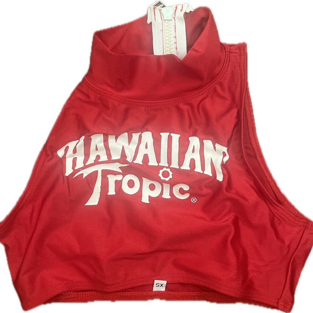 Hawaiian Tropic Red Women's swim Top promo girl model zip back XS